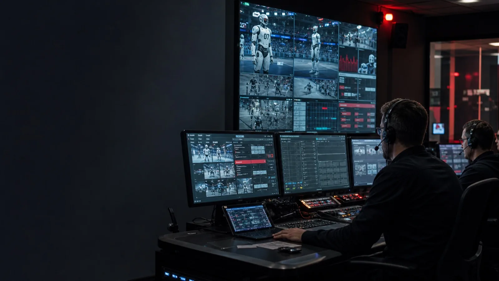 Non-documentary illustration of a humanoid sports broadcast control room